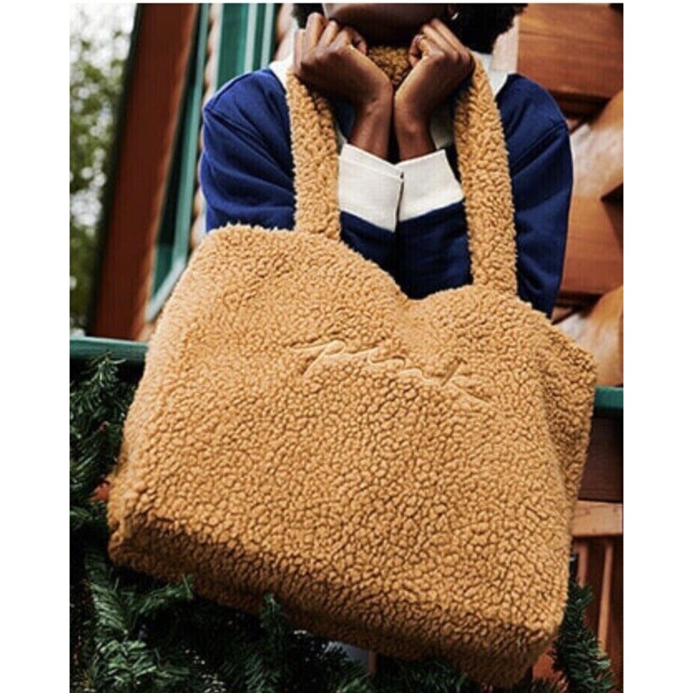 VICTORIA'S SECRET PINK Plush Fleece Sherpa Brown TOTE BAG Snap Closure NEW